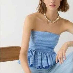 J. Crew Strapless peplum top in stretch cotton poplin-blend stripe blue summer